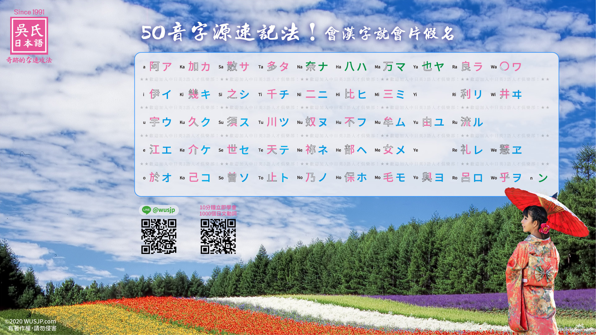 50音桌布下載 吳氏日文 快速合格日檢權威 學日文考jlpt日文檢定節省100萬費用